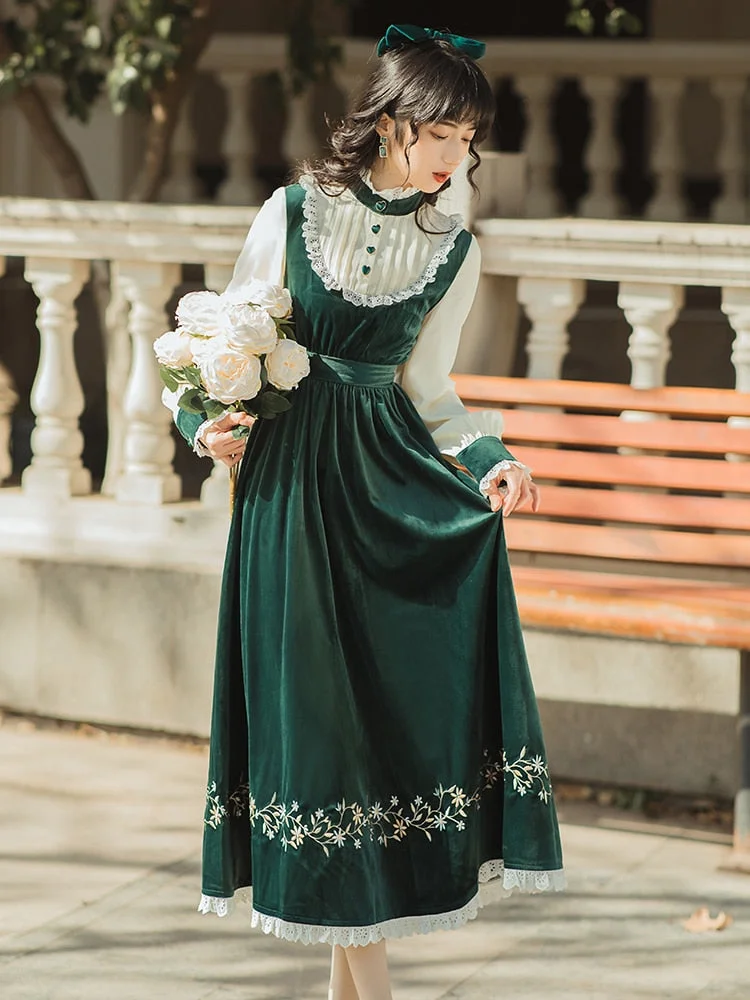 Palace Style Elegant Retro Cute Ruffled Stand-up Collar Green Dress BE439