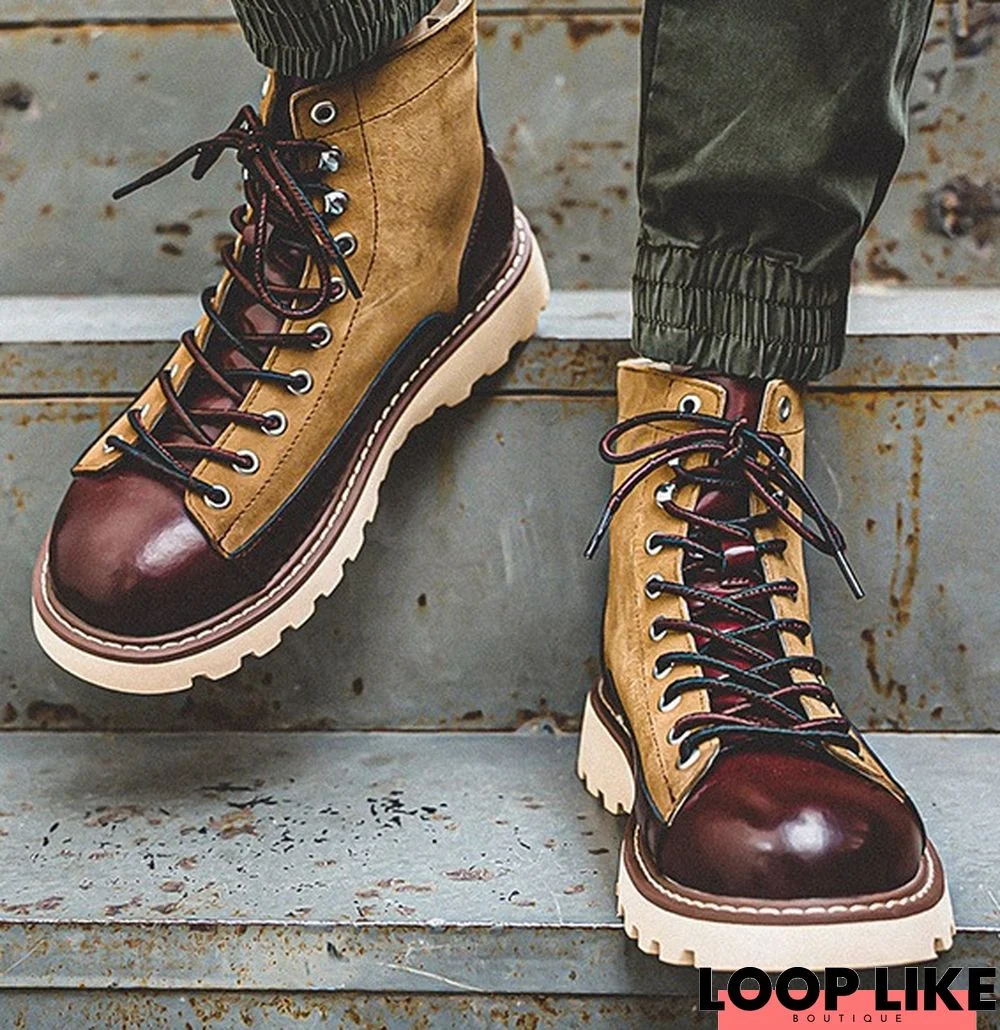 Full Grain Leather Boots Lace Up Designer Ankle Patchwork Italian Short Men Booties Canvas