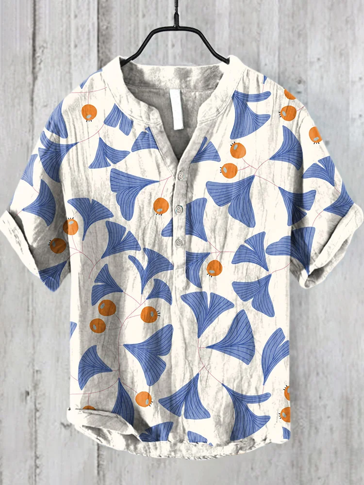 Men's Japanese Ginkgo Leaf Printed Short Sleeve Shirt