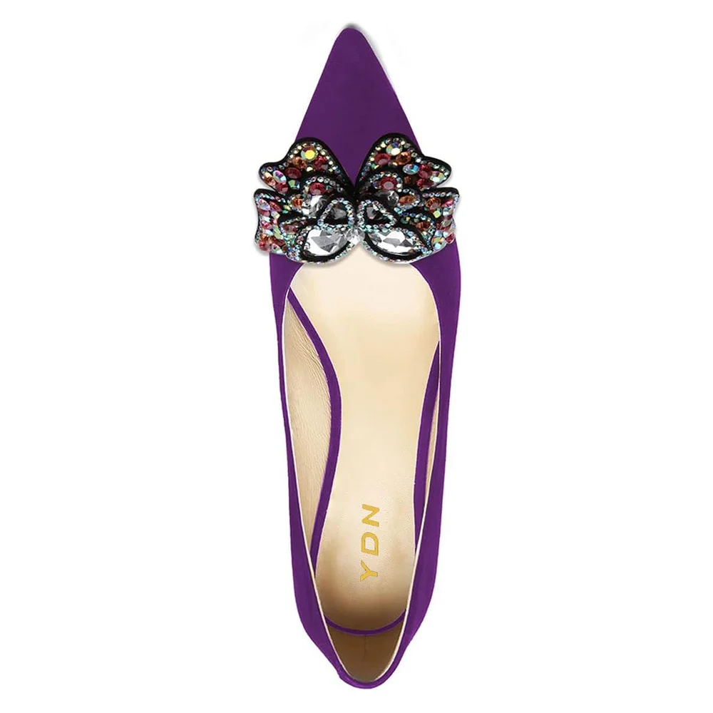 Purple Pointed Toe Rhinestone Butterfly Kitten Heel Pumps Shoes