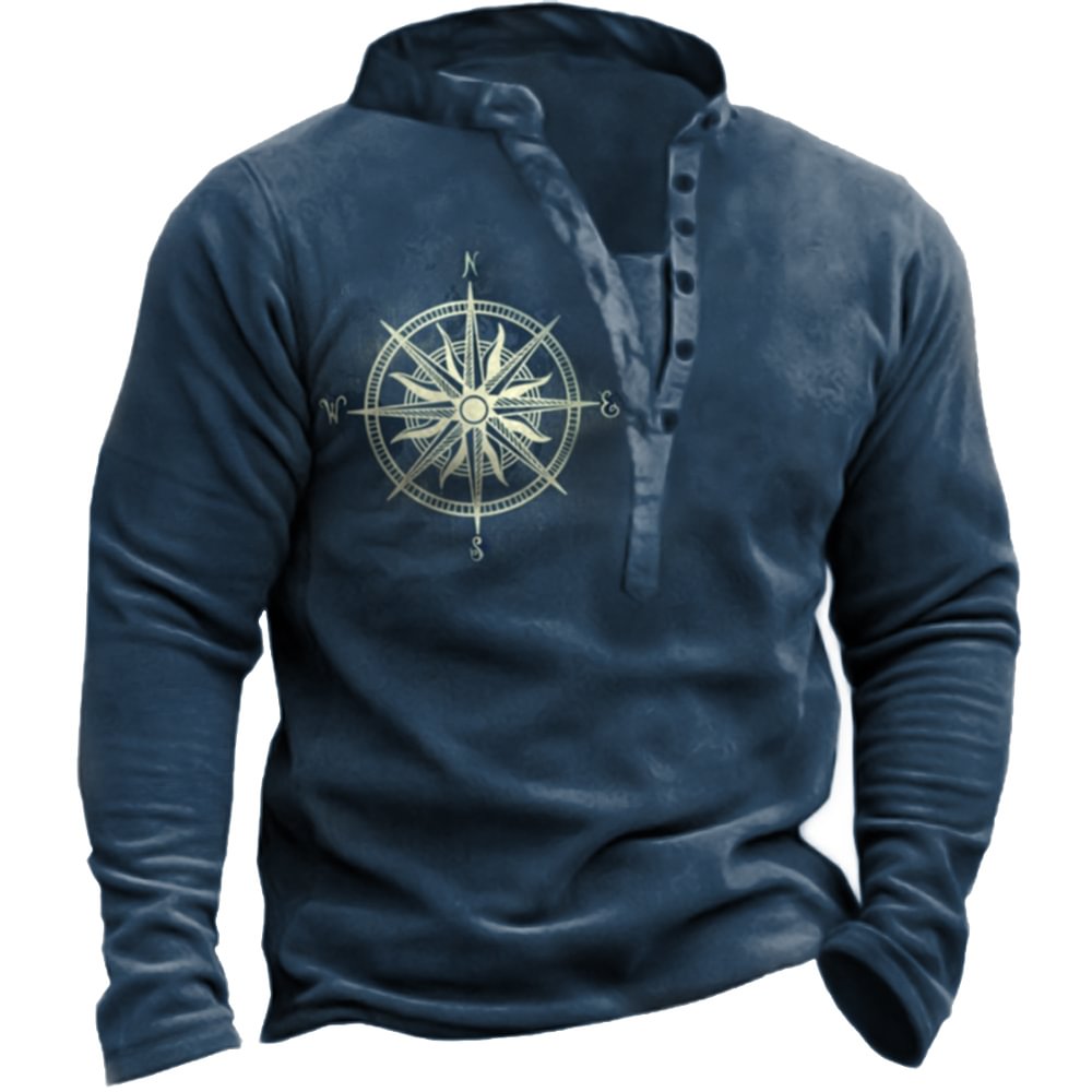 Men's Retro Compass Needle Printed V Neck Long Sleeve T-Shirt   