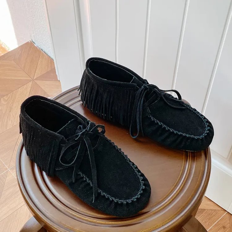 Lace-up round square toe tassel soft sole casual boots