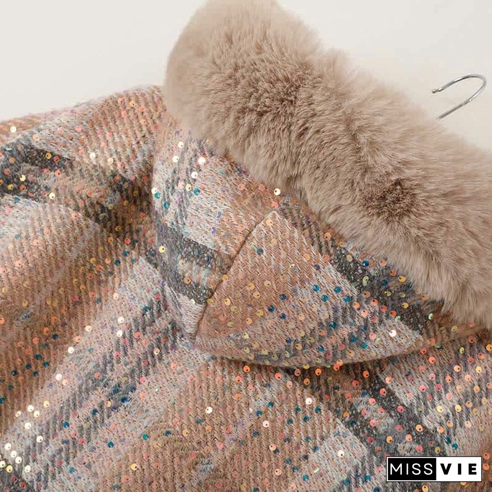 Plaid Print Furry Collar Fringed Casual Hooded Cloak Coat
