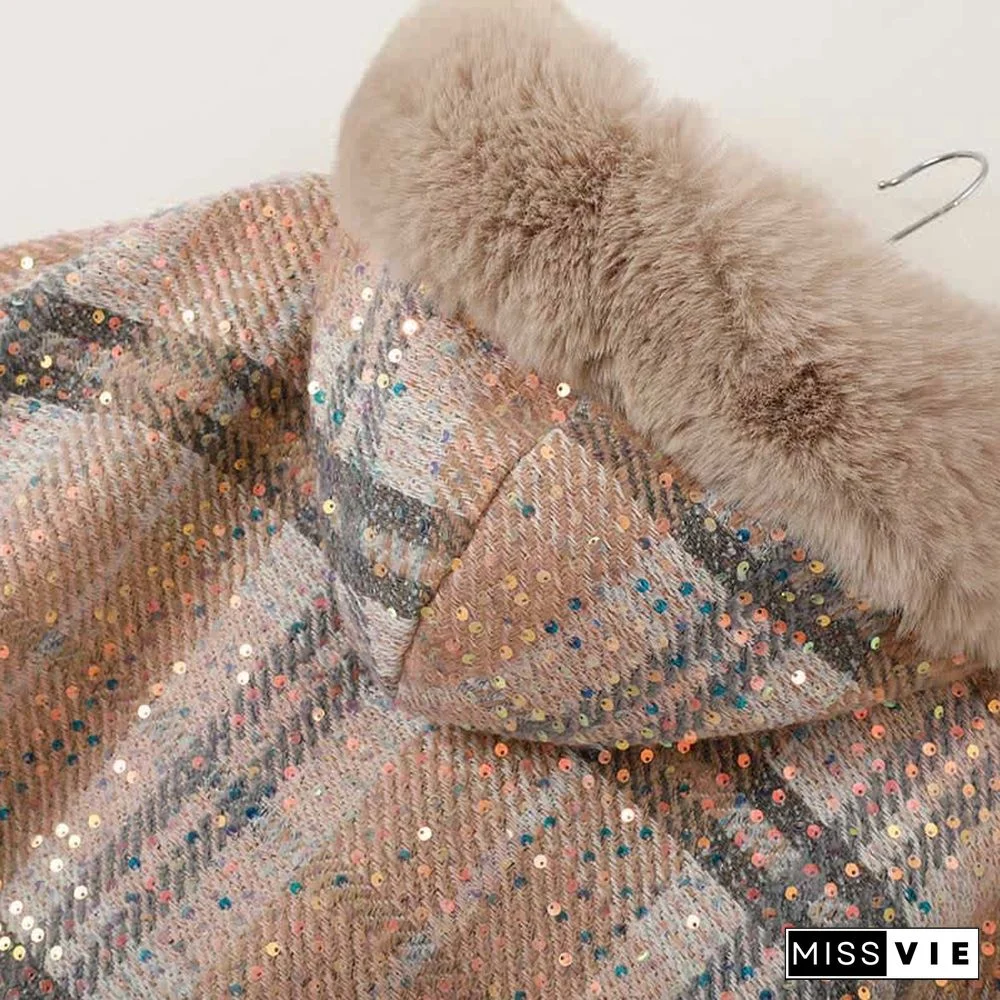 Plaid Print Furry Collar Fringed Casual Hooded Cloak Coat