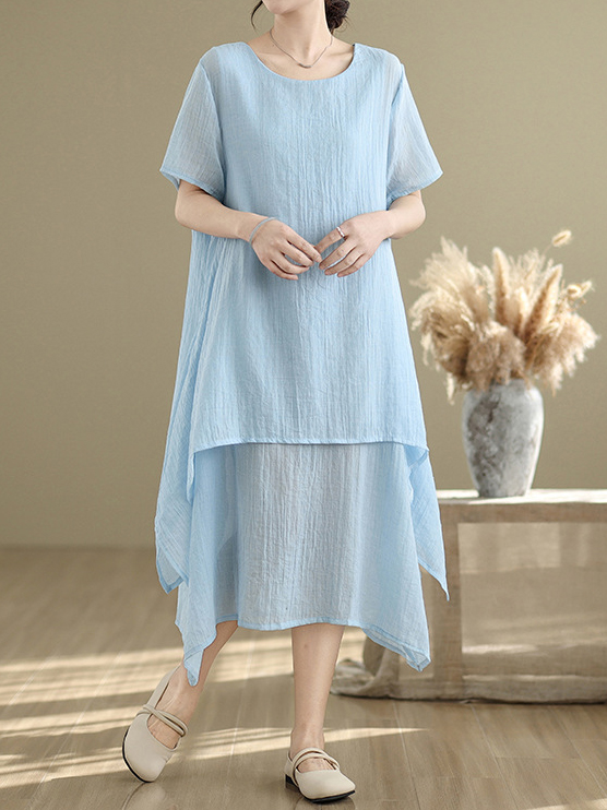 Double Layer Short Sleeve Round Neck Solid Color Irregular Hem Midi Dress