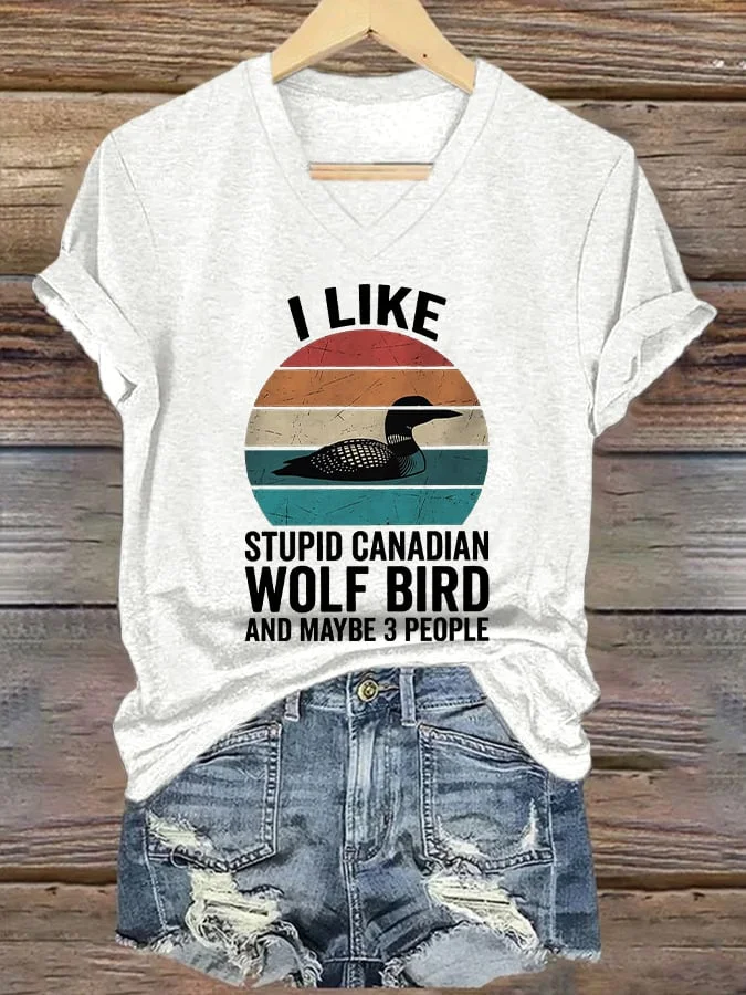 Women's casual Canadian wolf and bird T-shirt  socialshop
