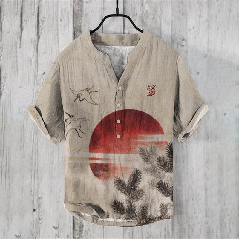 Japanese Katsushika Hokusai’s Birds And Sunset Art Linen Blend Shirt