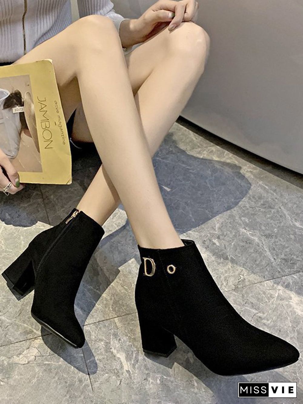 Side Zip Faux Suede Pointed Toe Chunky Heel Booties