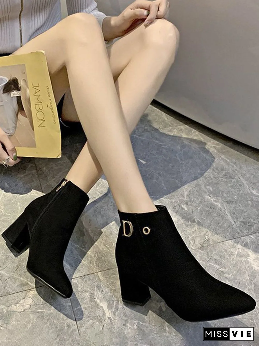 Side Zip Faux Suede Pointed Toe Chunky Heel Booties