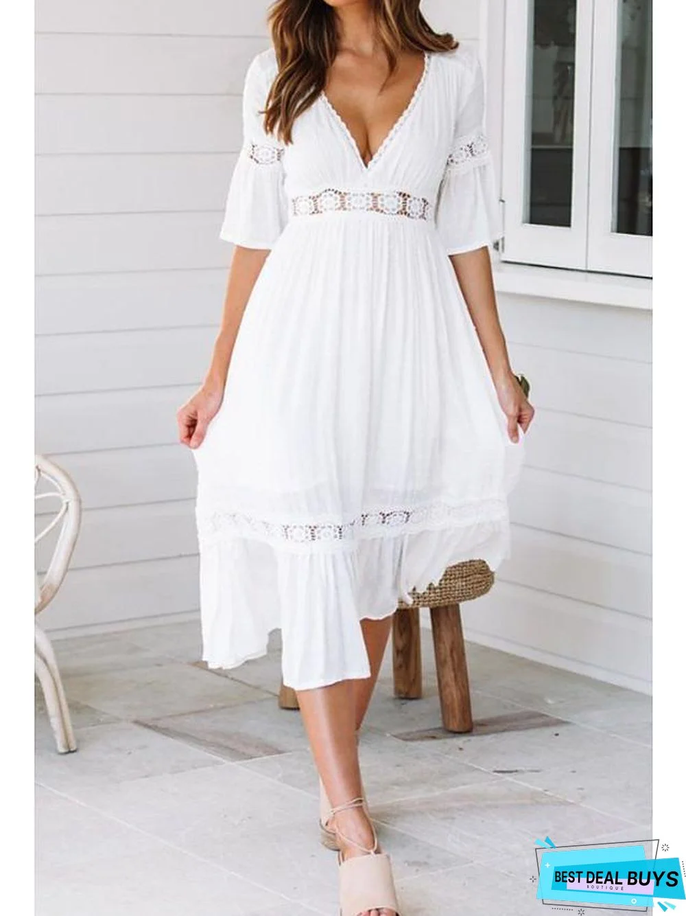 Women's Swing Dress Midi Dress - Half Sleeve Solid Colored Summer Spring & Summer V Neck Hot Beach Vacation Dresses Flare Cuff Sleeve White / Sexy White Dresses