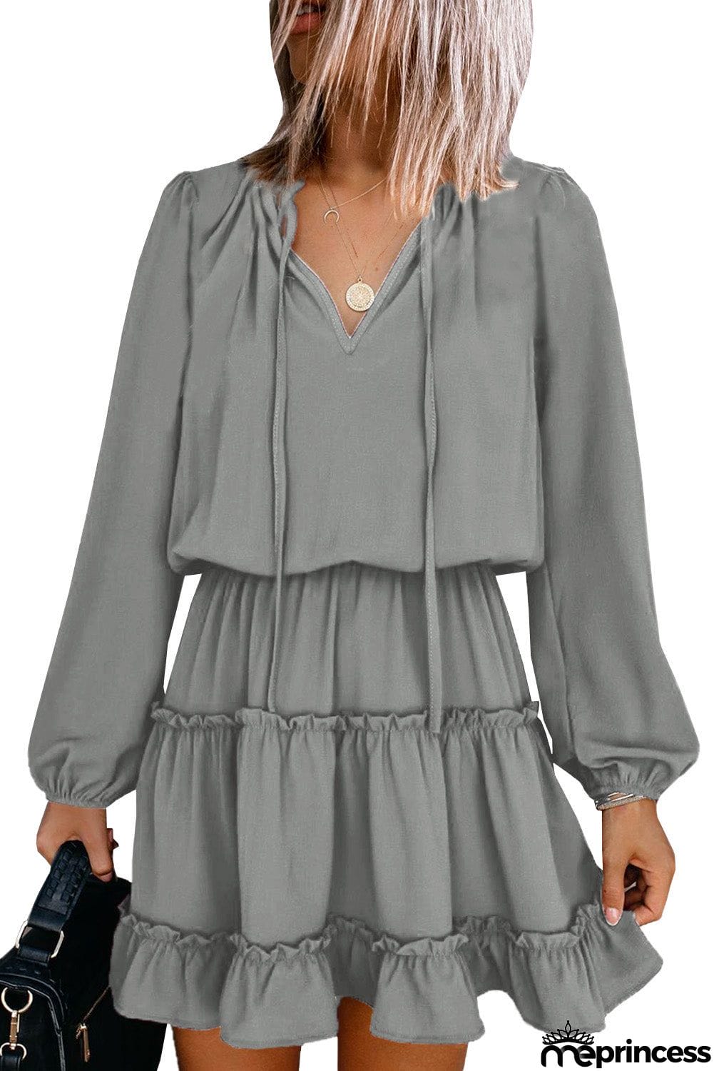 V Neck Long Sleeve Ruffle Tiered Mini Dress