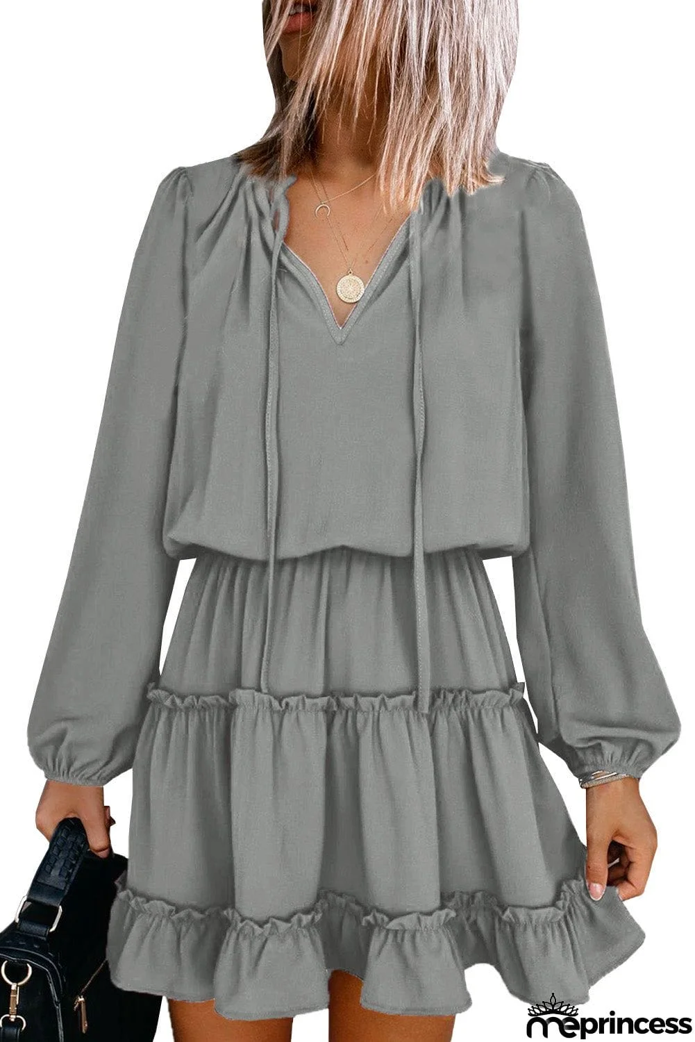 V Neck Long Sleeve Ruffle Tiered Mini Dress