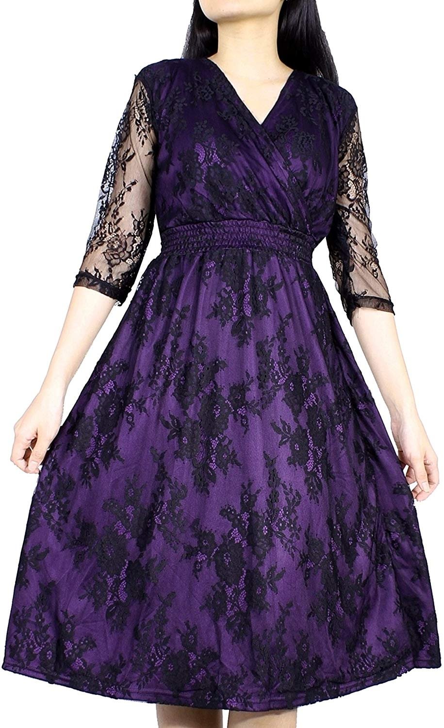 Women Vintage Floral Lace Wedding Party Formal Evening Cocktail 3/4 Long Sleeve Plus Size Dress