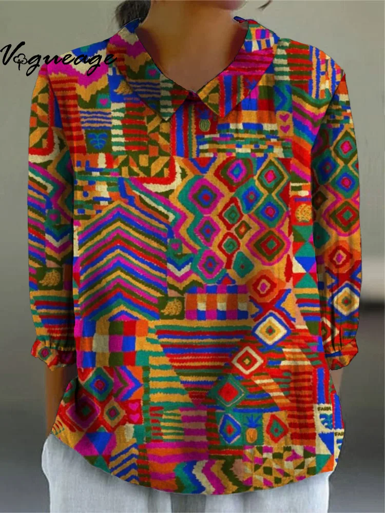 Fashion Striped Color Block Ethnic Style Printed Cotton And Linen Women Shirt