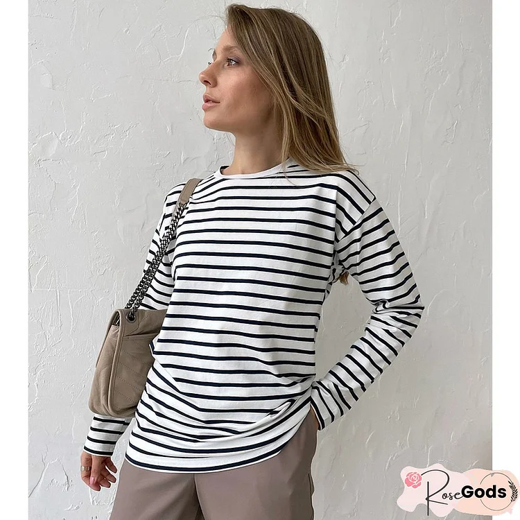 Casual Round Neck Cotton-Blend Striped Top