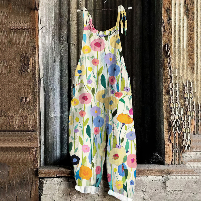 Vintage Colorful Flowers Art Print Linen Loose Casual Jumpsuit
