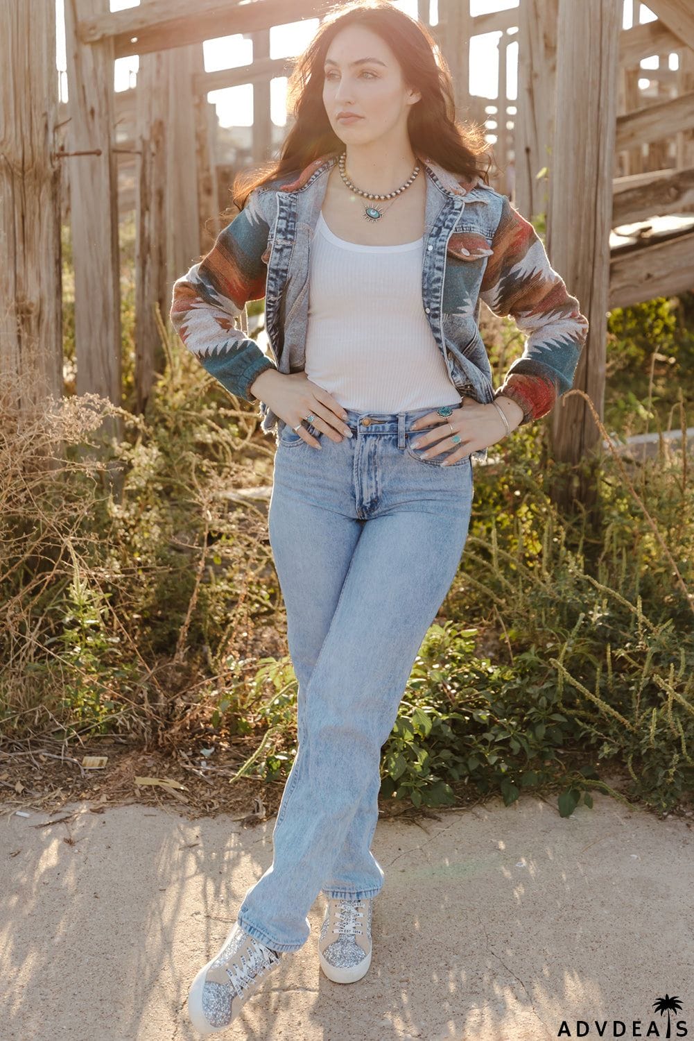 color Aztec Print Frayed Hem Denim Jacket