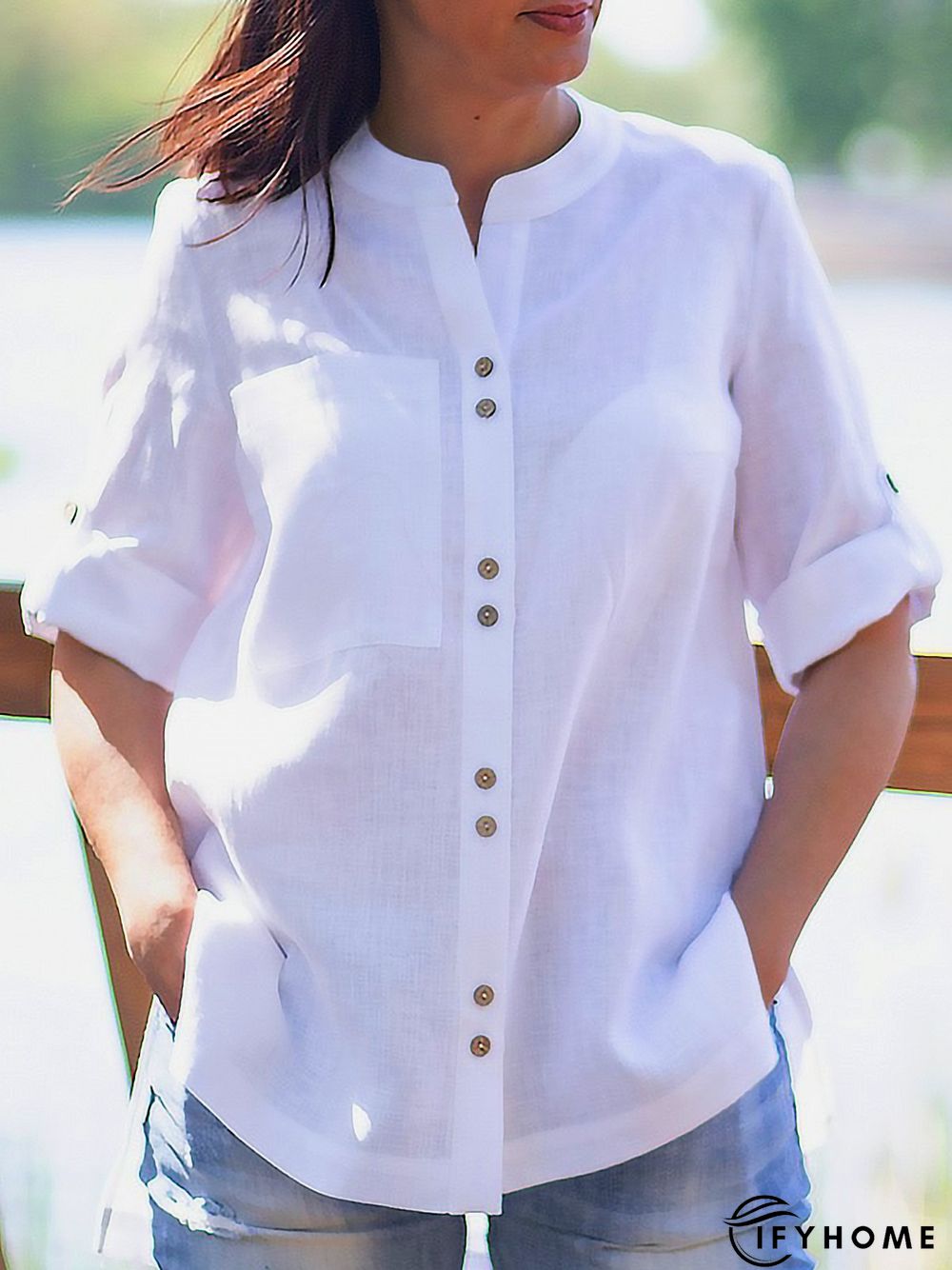 Plain Casual Buckle Pocket Tunic Blouse | IFYHOME