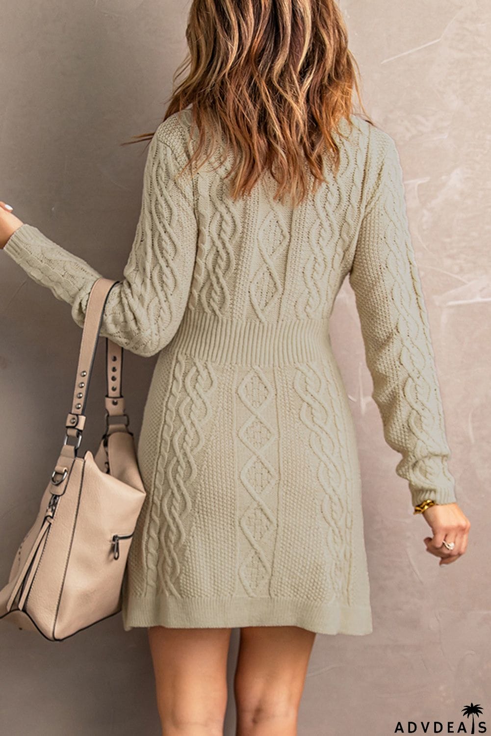 Beige Ribbed Waistband Knit Cable Pattern Sweater Dress