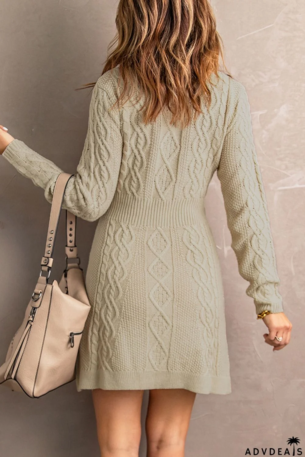 Beige Ribbed Waistband Knit Cable Pattern Sweater Dress