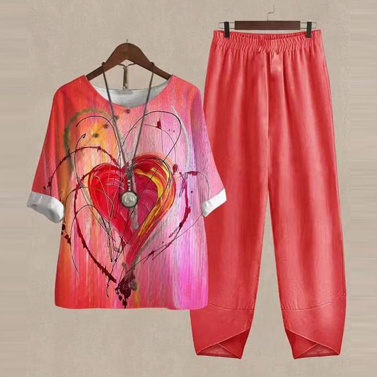 Comstylish Casual Women's Heart Print Two Pieces Set