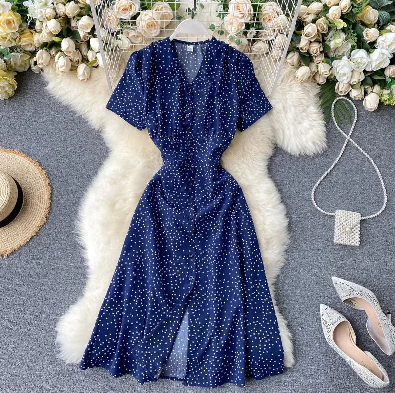 Vintage Polka dot print Chiffon Dress Women 2020 Summer V-neck Single-breasted Short sleeve Dresses Casual Vestidos Mujer