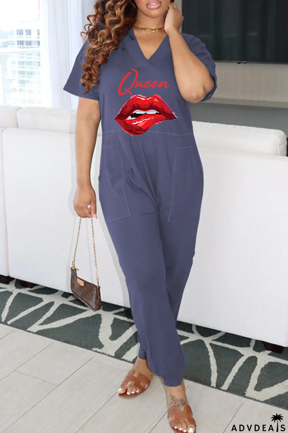 Green Fashion Casual Print Basic V Neck Regular Jumpsuits