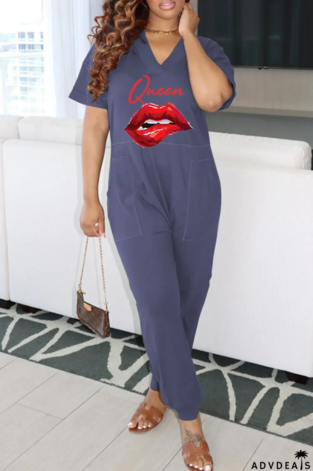 Green Fashion Casual Print Basic V Neck Regular Jumpsuits