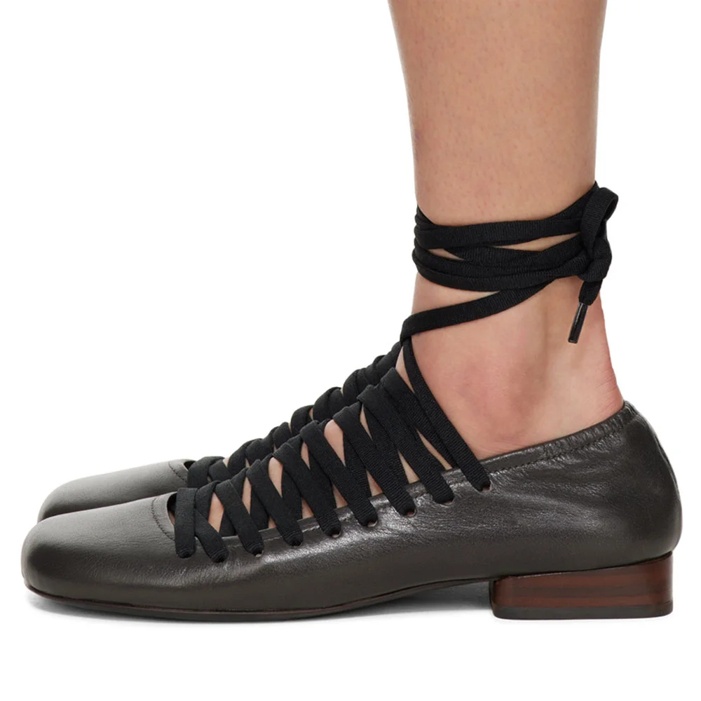 YDN Black Vegan Leather Square Toe Lace-Up Flat Shoes for Women