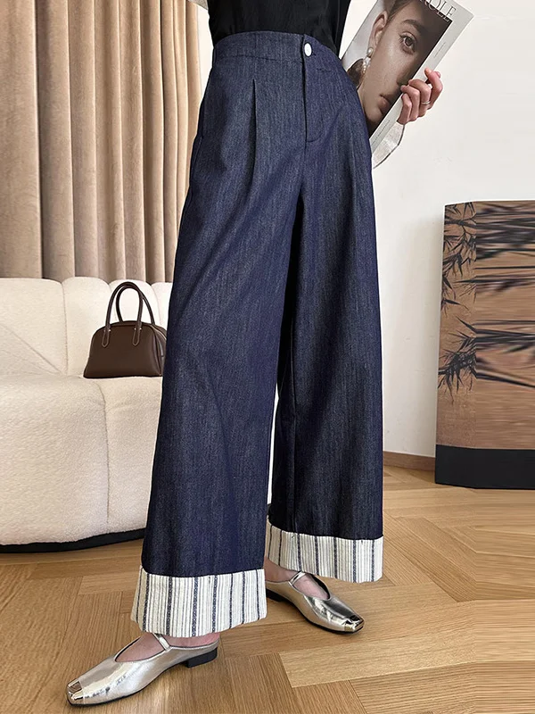 Old Money Style High Waisted Loose Elasticity Pleated Split-Joint Striped Jean Pants Bottoms