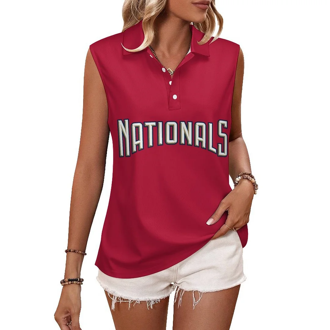 V-neck Sleeveless Casual POLO Shirt Tank Top for Women Printed with Pattern , Blue, Red