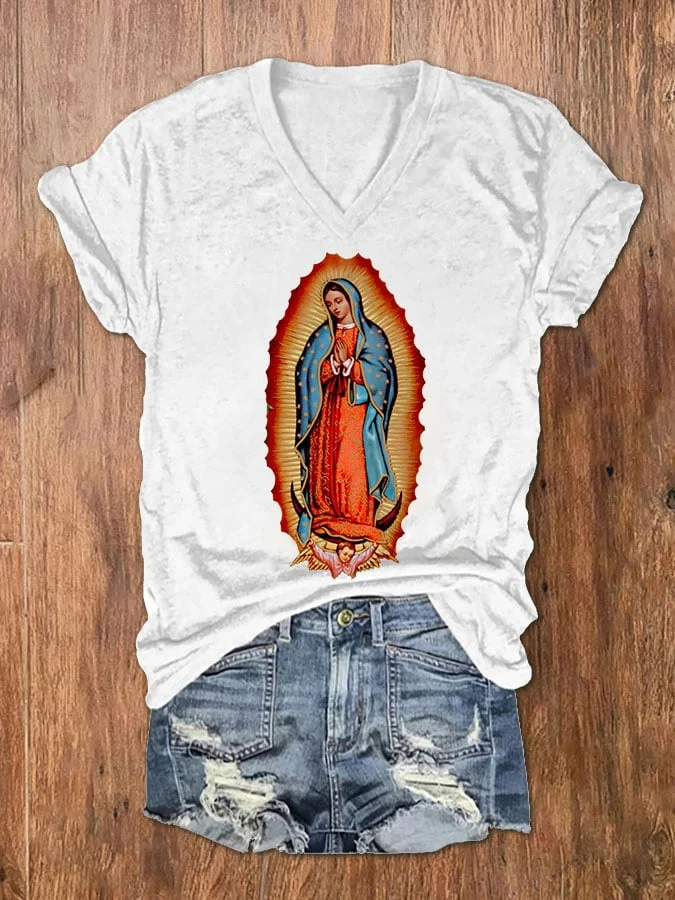 Women's Our Lady of Faith Print V-Neck Short Sleeve T-Shirt socialshop