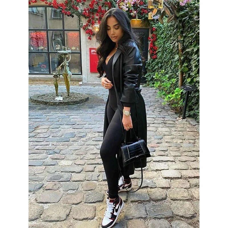 Women Autumn PU Leather Long Sleeve Dress With Belt Black High Waist Sexy V neck Dresses For Office Ladies Elastic Club Outfits