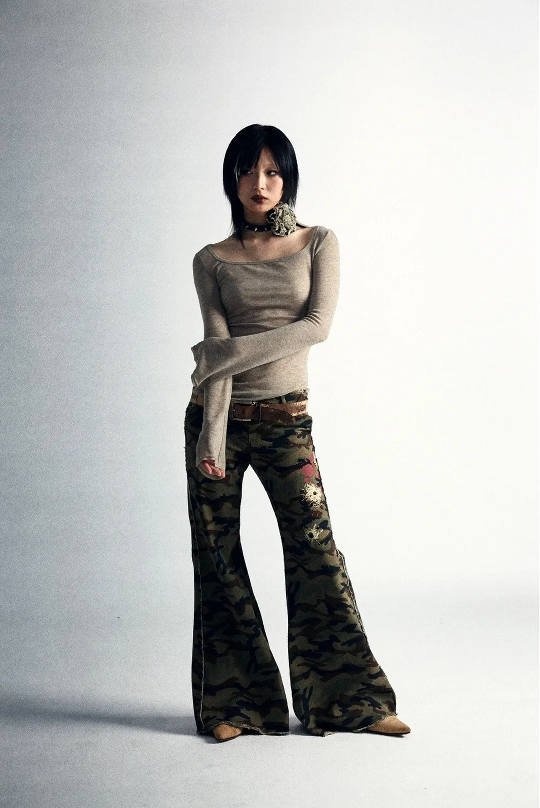 Brownm Grunge Back Print Top