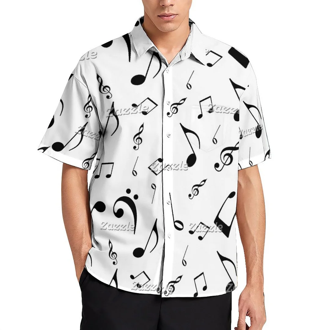 Black White Music Notes Sheet Music Musical Women Front Pocket Button Down Tops Men Shortsleeve Party Vacation Hawaiian Shirt