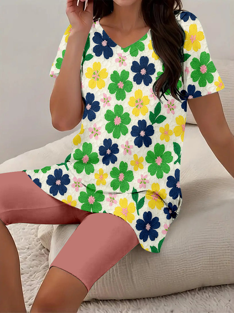 Women Long Sleeve V-neck Graphic Floral Printed Top