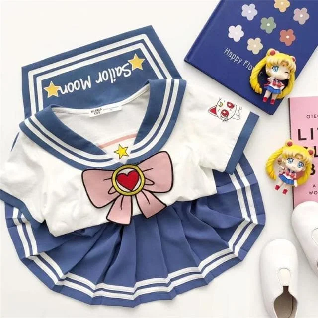 Cute Sailor Moon Bow Striped Tops Pleated Skirts Children Clothes Set SP16210