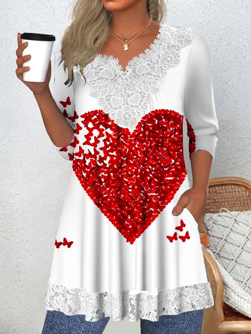 Women Long Sleeve V-neck Love Floral Printed Graphic Lace Pockets Tops