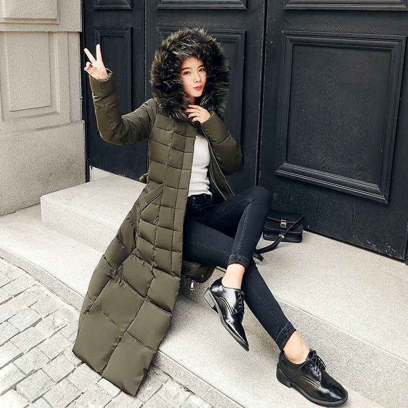 Woherb Cotton-Padded Clothes Female Over The Knee Long Style 2023 New Winter Dress Korean Version Slim Add Thick Big Wool Collar Large Size Down Cotton Jacket Cotton-Padded Jacket-Outfit Ideas