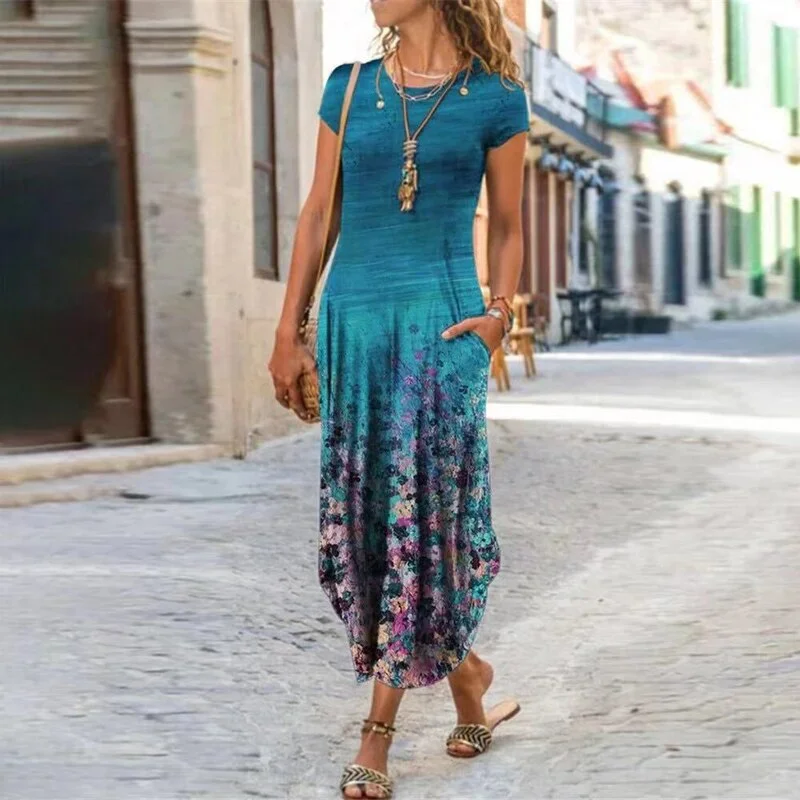 Vintage Flower Dress Women O Neck Pocket Summer Casual Dresses For Women Loose Long Dress Plus Size Ladies Vacation Party Dress