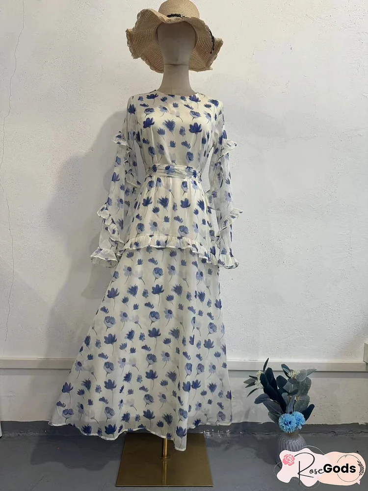 Women's Gentle Floral Dress Round Neck Long Dresses