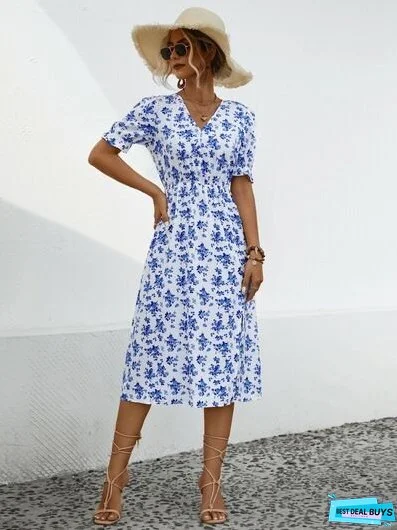 Slit Printed V-Neck Short Sleeve Dress