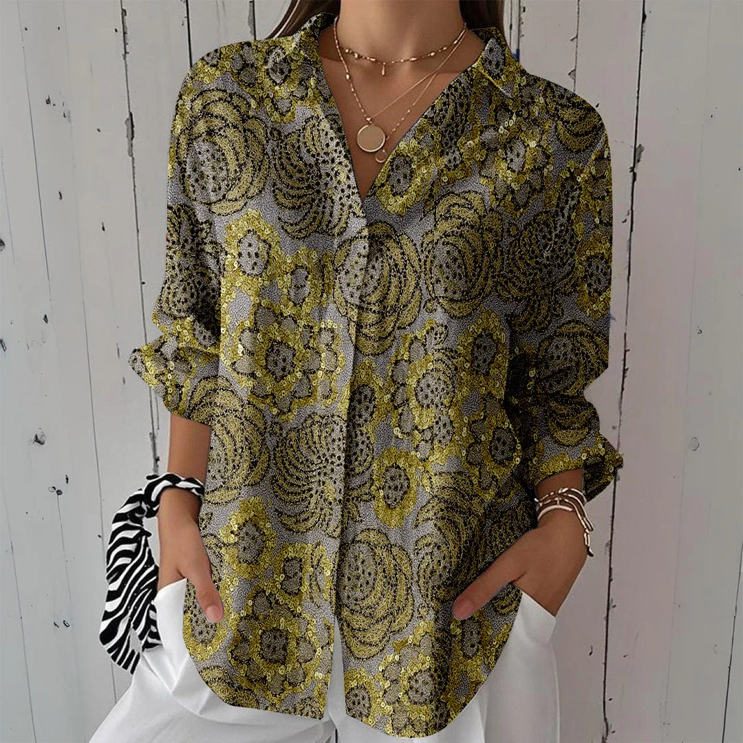 Style & Comfort for Mature Women Women Floral, Gray, Gold DZCL0467 3/4 Sleeve Shirt Collar Printed Button Tops
