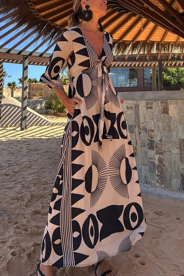 Unique Print V-Neck Lace-Up Loose Casual Maxi Dress
