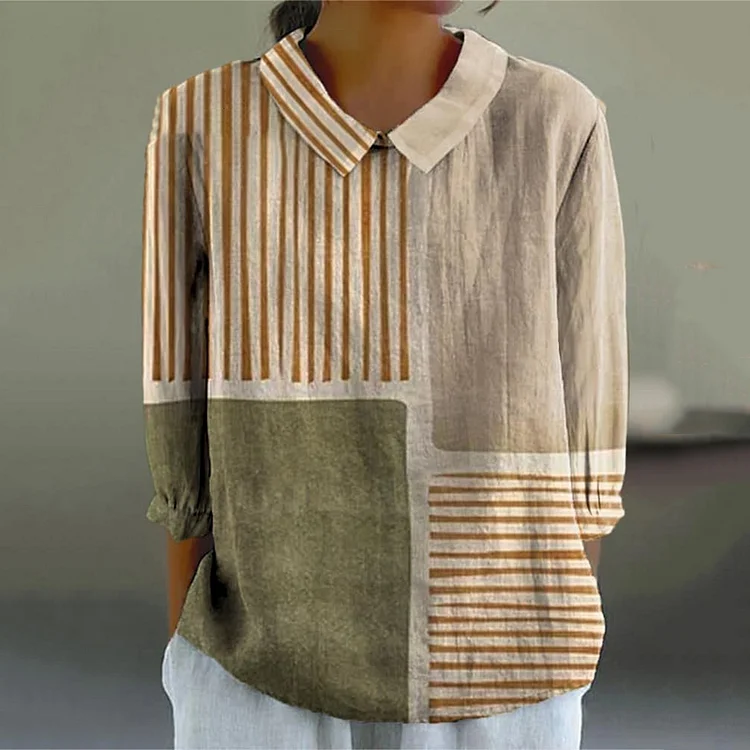 Women's Geometric Line Pattern Art Casual Cotton And Linen Sleeve Shirt