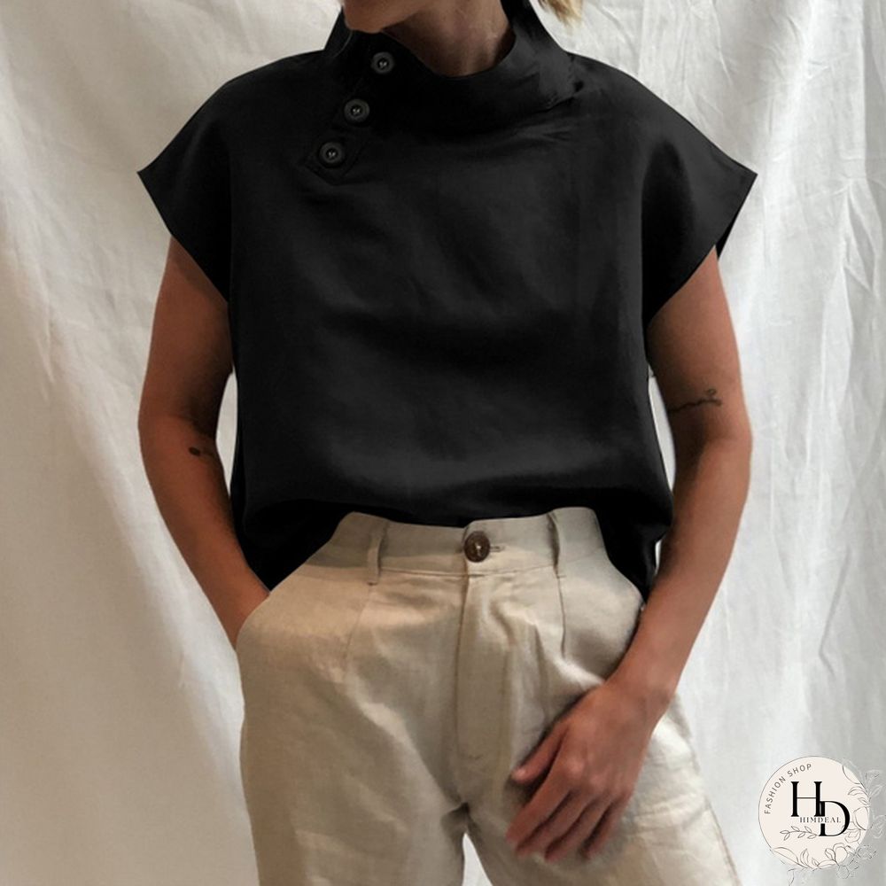 Summer Women Batwing Short Sleeve Blouse Cotton Linen High Collar Casual Loose Shirt Plus