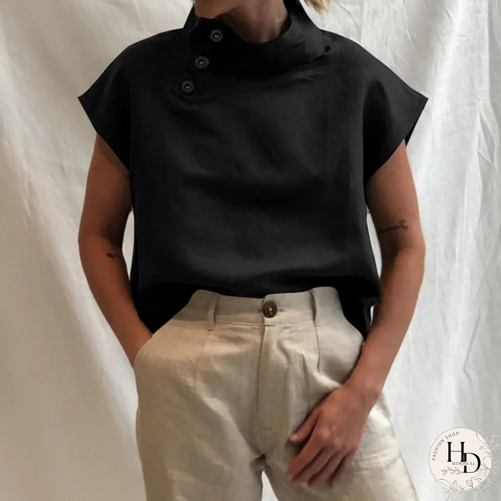 Summer Women Batwing Short Sleeve Blouse Cotton Linen High Collar Casual Loose Shirt Plus