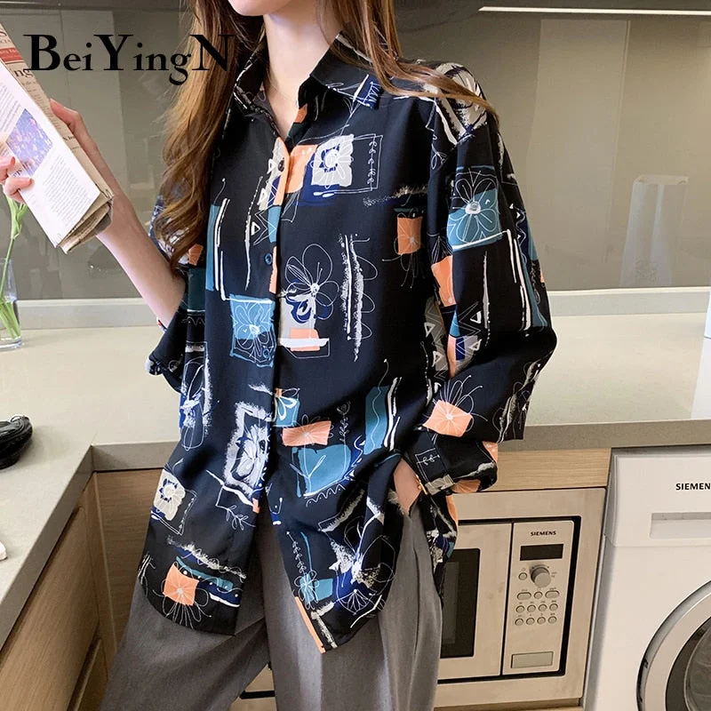 Beiyingni Vintage Harajuku Shirts Female Tops Cartoon Printed Plus Size Chiffon Blouses Woman Loose Full Sleeve Blusas Womens BF