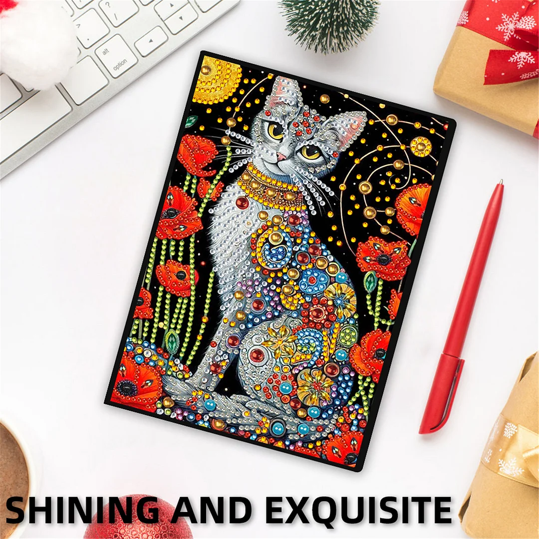 DIY Flower Diamond Painting Journals Notebooks 50 Pages A5 No Lines Special Shaped Diamond Art Kits for Beginners Craft Lovers and Artists (Cat and Flower)
