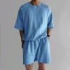 Men's Casual Loose-Fit Solid-Color Crewneck T-Shirt & Shorts Two-Piece Athletic Set by Inlyline